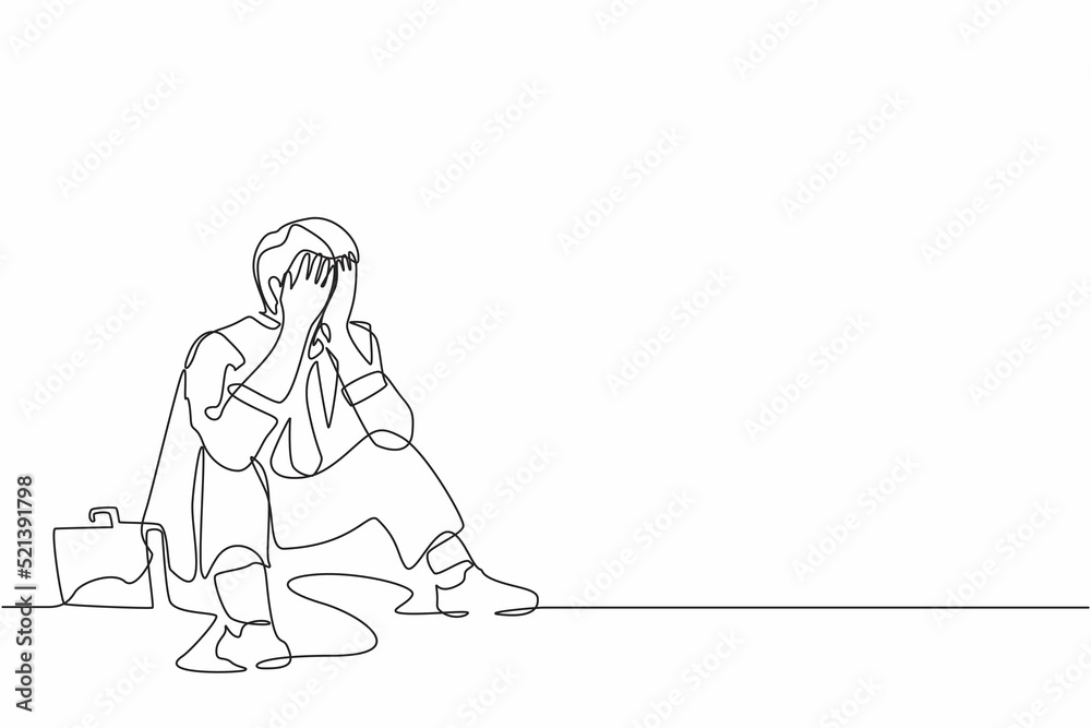 Single continuous line drawing sad businessman cover his face by hands and sitting on the floor. Depression disorder, sad, sorrow, disappointment symptom. One line graphic design vector illustration Single continuous line drawing sad businessman cover his face by hands and sitting on the floor. Depression disorder, sad, sorrow, disappointment symptom. One line graphic design vector illustration