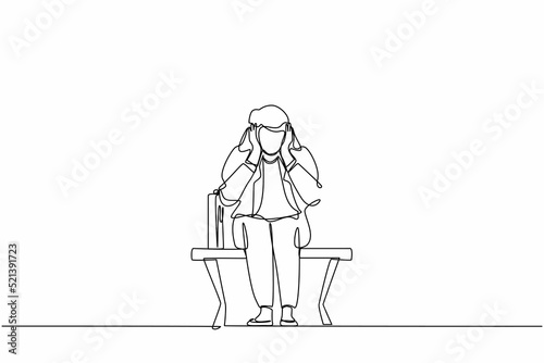 Fototapeta Naklejka Na Ścianę i Meble -  Single one line drawing sad businesswoman, depression. Lonely woman sitting on park bench. Young female character holding her head. Failure concept. Continuous line design graphic vector illustration