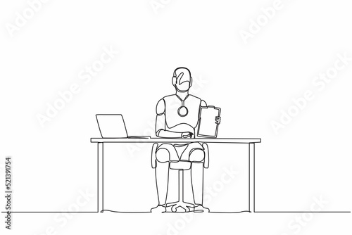 Continuous one line drawing robots sitting near office desk and showing clipboard. Humanoid robot cybernetic organism. Future robotics development concept. Single line draw design vector illustration