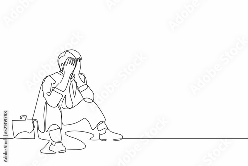 Single continuous line drawing sad businessman cover his face by hands and sitting on the floor. Depression disorder, sad, sorrow, disappointment symptom. One line graphic design vector illustration