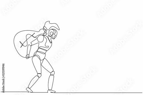 Continuous one line drawing robots carry heavy huge bag full cash of money. Humanoid robot cybernetic organism. Future robotics development concept. Single line draw design vector graphic illustration