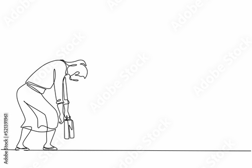 Single continuous line drawing sad businesswoman bowed down. Woman feeling lonely and having mental pressure or stress. Bankruptcy on global economic recession, failure. One line graphic design vector