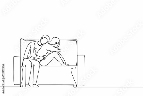 Single one line drawing man giving comfort and support to woman, hugging on her shoulder. Girl feeling stress, loneliness, anxiety. Counseling, empathy. Continuous line draw design graphic vector