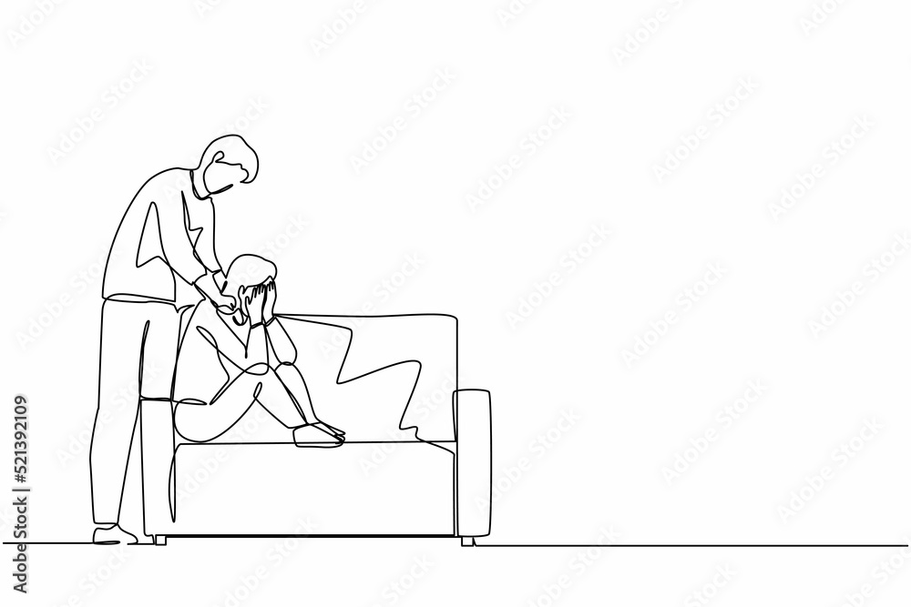 Continuous one line drawing man giving support and comfort to depressed crying woman, touching shoulders, helping to go through stress and anxiety. Empathy. Single line draw design vector illustration