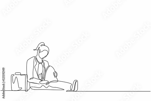 Continuous one line drawing depressed businesswoman with briefcase sitting in despair on the floor. Entrepreneur sad gesture expression. Professional burnout syndrome. Single line draw design vector