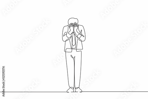 Continuous one line drawing businessman cover his face by hands and crying. Depression disorder, sad, sorrow, disappointment. Psychological therapy and treatment. Single line graphic design vector