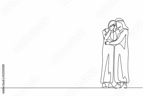 Single one line drawing Arabian man hugging soothing sad depressed frustrated crying woman holding shoulders and discussing problems. Support  stress  depression. Continuous line design graphic vector