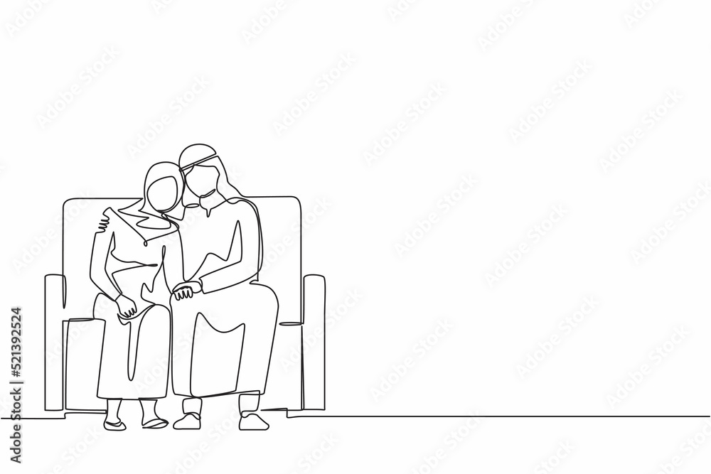 Continuous one line drawing Arabian man comforting sad woman. Male supporting female who is feeling emotional sad depressed. Husband embrace comforts his woman. Single line design vector illustration Continuous one line drawing Arabian man comforting sad woman. Male supporting female who is feeling emotional sad depressed. Husband embrace comforts his woman. Single line design vector illustration