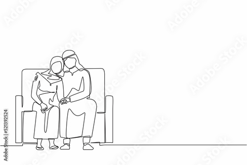 Continuous one line drawing Arabian man comforting sad woman. Male supporting female who is feeling emotional sad depressed. Husband embrace comforts his woman. Single line design vector illustration
