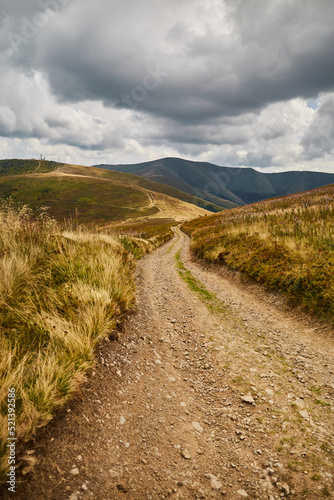 Mountain trail in Carpathian Mountains  Ukraine. Walking and hiking trails in Borzhava ridge. Rural area of carpathian mountains in autumn