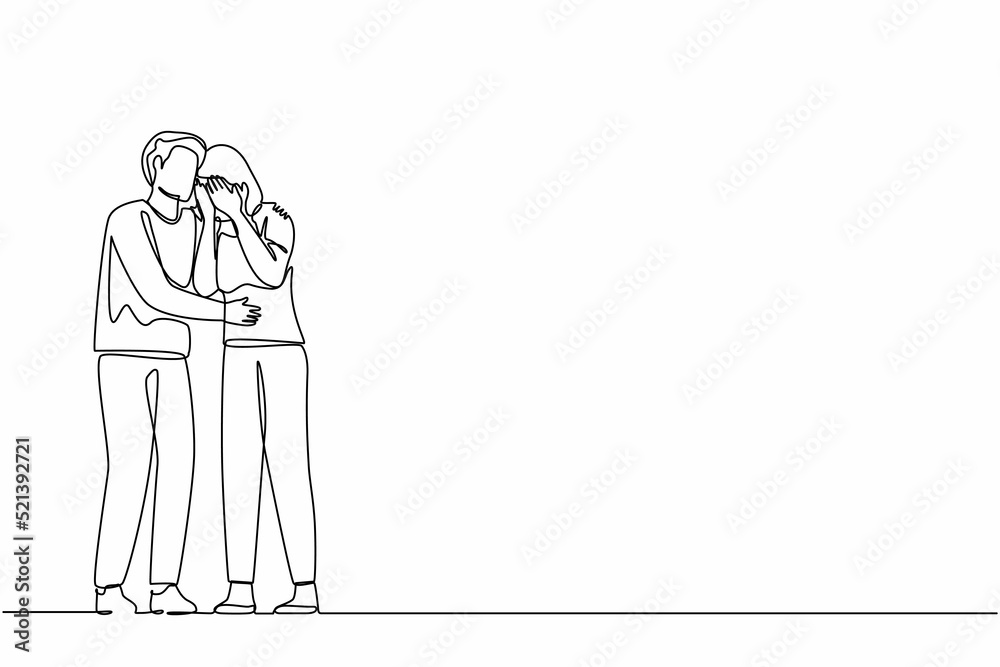 Continuous one line drawing man hugging soothing sad depressed frustrated crying woman holding shoulders and discussing problems. Support, stress, depression. Single line draw design vector graphic