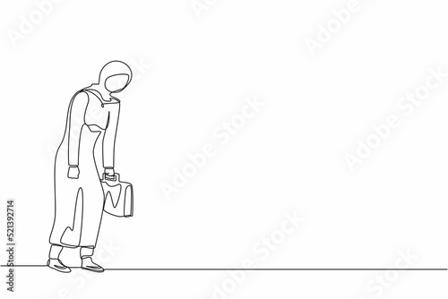 Continuous one line drawing sad Arab businesswoman looking down, holding briefcase. Woman having mental pressure or stress. Bankruptcy on global economic recession. Single line design vector graphic