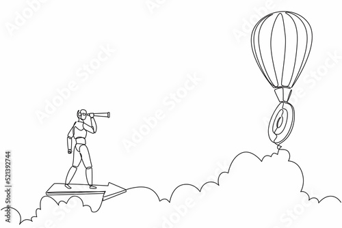 Continuous one line drawing robots ride arrow and looking with monocular air hot balloon target. Humanoid robot cybernetic organism. Future robotics development. Single line draw design vector graphic