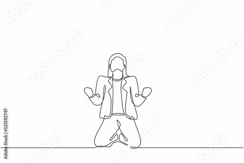 Single continuous line drawing happy businesswoman kneeling with both hands do gesture yes. Female manager celebrating success of increasing company product sales. One line draw graphic design vector