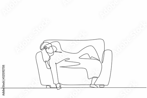 Single one line drawing unhappy Arab businessman tired sleepy mood resting on sofa. Frustrated worker holding his head lying on sofa. Stressed, anxiety on failure. Continuous line draw design vector