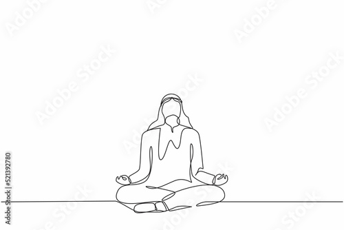 Single continuous line drawing Arabian businessman doing yoga. Office worker sitting in yoga pose, meditation, relaxing, calm down and manage stress. One line draw graphic design vector illustration