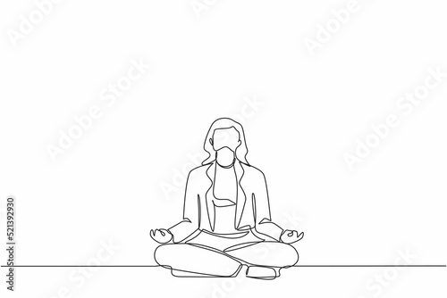 Continuous one line drawing young businesswoman doing yoga. Office worker sitting in yoga pose, meditation, relaxing, calm down and manage stress. Single line draw design vector graphic illustration