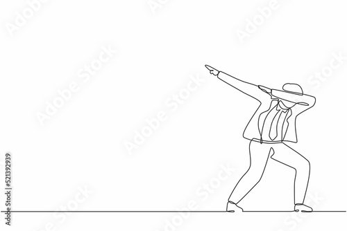 Single continuous line drawing happy businessman standing with crossing arms and look down. Salesman celebrates salary increase from company. Dynamic one line draw graphic design vector illustration