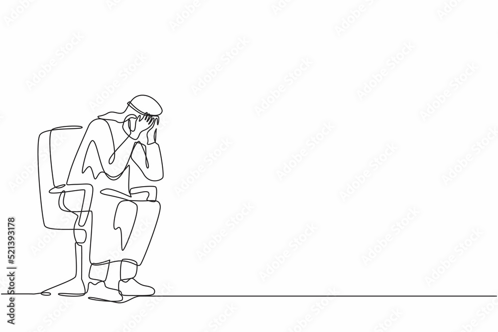 Single continuous line drawing frustrated Arab businessman holding his head sitting alone on chair. Regret on business mistake, frustration, depressed, stupidity, foolish. One line draw design vector