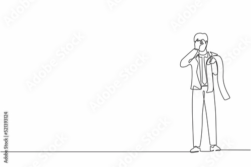 Single continuous line drawing financial problems and bankruptcy concept. Sad depressed businessman standing thinking about finding money for paying bills during crisis. One line graphic design vector