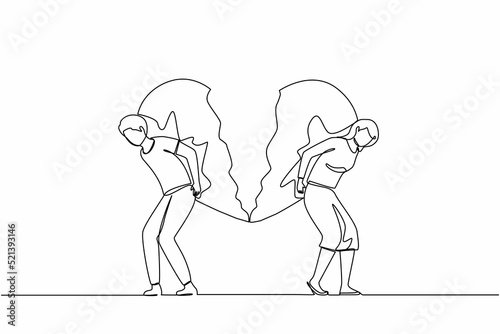Single one line drawing broken heart carried by man and woman. Divorce heartache concept. Family conflict. Break up relationship. Married couple angry, sad. Continuous line draw design graphic vector