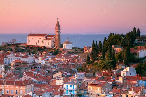 Obraz na płótnie Piran, Slovenia. Aerial cityscape image of beautiful Piran, Slovenia at spring sunset. w salonie