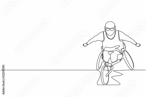 Continuous one line drawing disabled race male athlete wheelchair sport competition. Disability games championship. Hobbies and interests of people with disabilities. Single line draw design vector