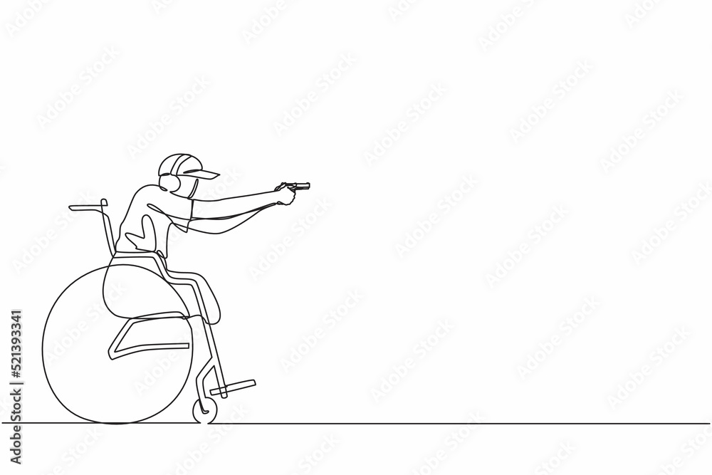 Single one line drawing young sportsman in wheelchair engaged in sports shooting with a gun. Hobbies and interests of people with disabilities. Continuous line draw design graphic vector illustration