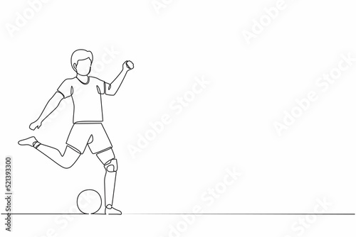 Single one line drawing disabled man athlete playing football. Disability soccer player with leg prosthesis. Match, competition. Disabled sport training. Continuous line draw design graphic vector