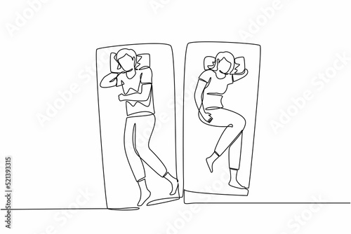 Single continuous line drawing man and woman are sleeping on the bed, Obsessive couple thoughts. Sexual problems in couple, divorce, depression, insomnia. One line graphic design vector illustration