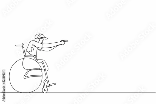Single one line drawing young sportsman in wheelchair engaged in sports shooting with a gun. Hobbies and interests of people with disabilities. Continuous line draw design graphic vector illustration