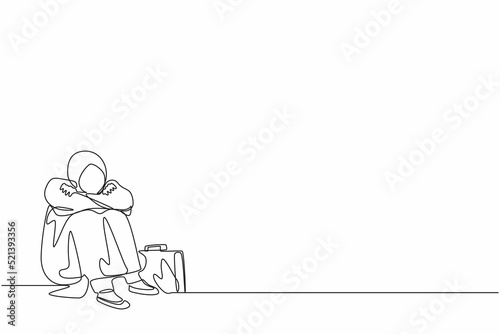Single continuous line drawing depressed Arab businesswoman suffer emotion sadness melancholy stress with briefcase sitting in despair on the floor. Worker feeling blue, stress. One line design vector