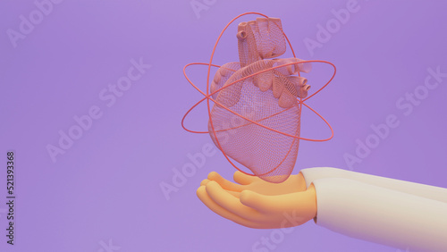 3D Render of a Doctor Hands Protecting a Wireframed Heart over Purple Background.