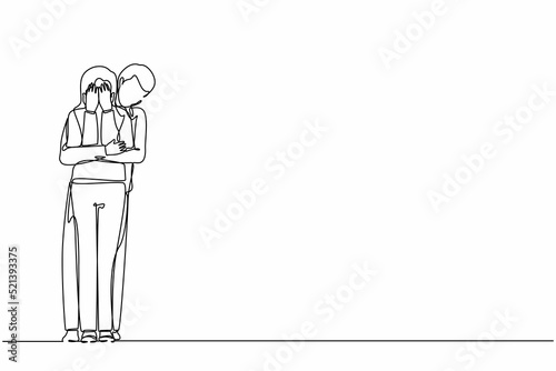 Single continuous line drawing man husband calming his crying woman wife, embracing her from her back. Helping her to cope with her sadness and depression. One line graphic design vector illustration