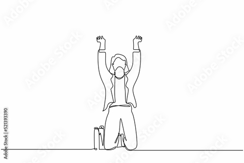 Continuous one line drawing sad shocked businesswoman kneeling and pray. Losing money, economy crisis, bankrupt, depressed. Female standing on her knees. Single line design vector graphic illustration