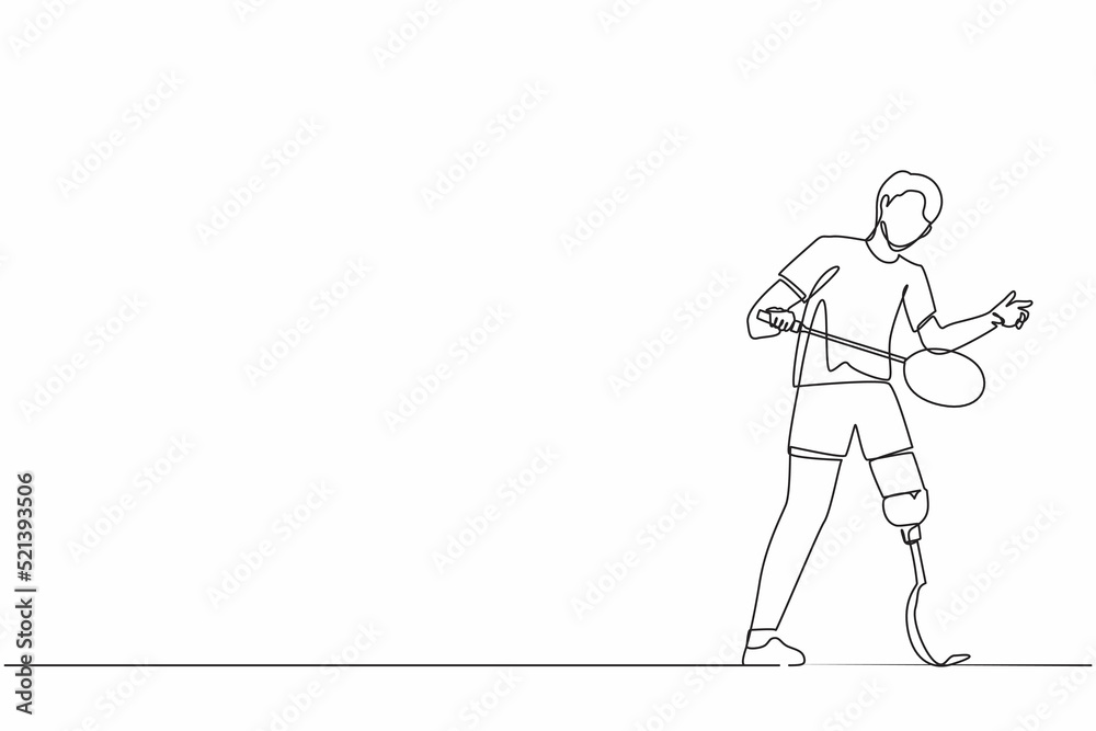 Single continuous line drawing male athlete playing badminton.  man with prosthetic leg holding racket. Person with disability performing sports activity. One line draw graphic design vector