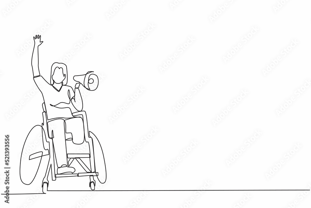 Continuous one line drawing happy disability young woman in wheelchair celebrating winning of football team with megaphone.  soccer fan wheelchair user. Single line draw design vector graphic
