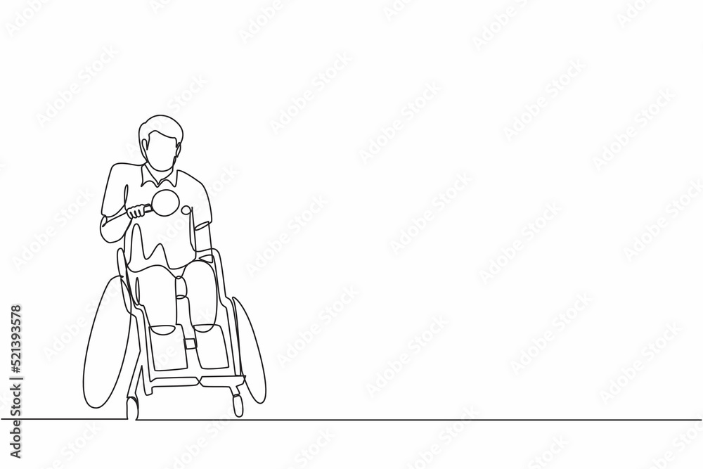 Single one line drawing disabled sportsman in wheelchair playing table tennis.  games championship. Hobbies, interests of people with disabilities. Continuous line draw design graphic vector