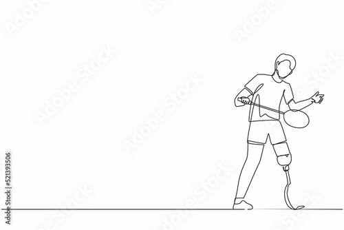 Single continuous line drawing male athlete playing badminton.  man with prosthetic leg holding racket. Person with disability performing sports activity. One line draw graphic design vector