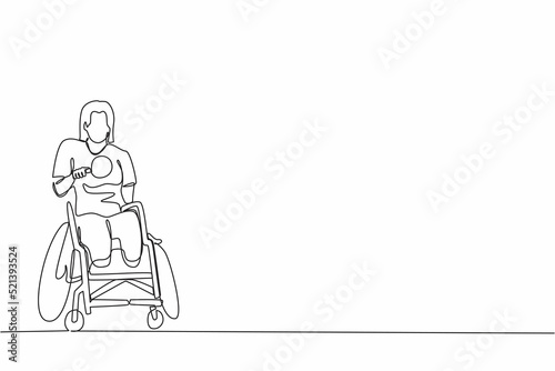 Single continuous line drawing disabled sportswoman in wheelchair playing table tennis. Disability games championship. Hobbies and interests of people with disabilities. One line graphic design vector