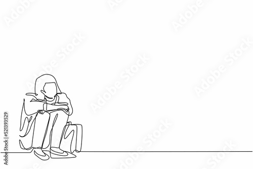 Continuous one line drawing depressed businesswoman suffer emotion sadness melancholy stress with briefcase sitting in despair on the floor. Worker feeling blue, stress. Single line draw design vector