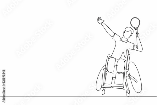 Single continuous line drawing  badminton player sitting on wheelchair with smash pose. Disabled sportsmen wear uniform, young amputee man sport competition. One line graphic design vector