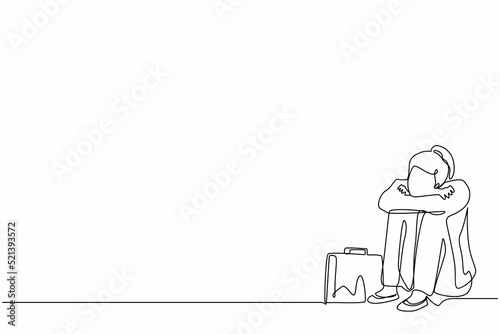 Single continuous line drawing depressed businesswoman suffer emotion sadness melancholy stress with briefcase sitting in despair on floor. Worker sad gesture expression. One line draw design vector