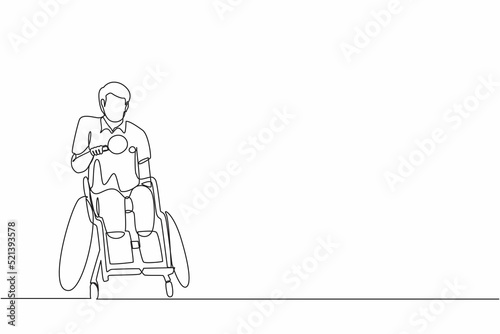 Single one line drawing disabled sportsman in wheelchair playing table tennis.  games championship. Hobbies, interests of people with disabilities. Continuous line draw design graphic vector