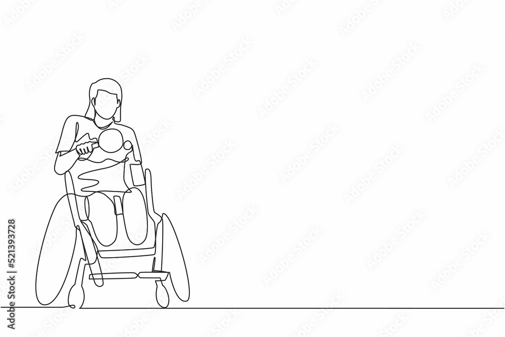 Single continuous line drawing  sportswoman in wheelchair playing table tennis. Disability games championship. Hobbies and interests of people with disabilities. One line graphic design vector