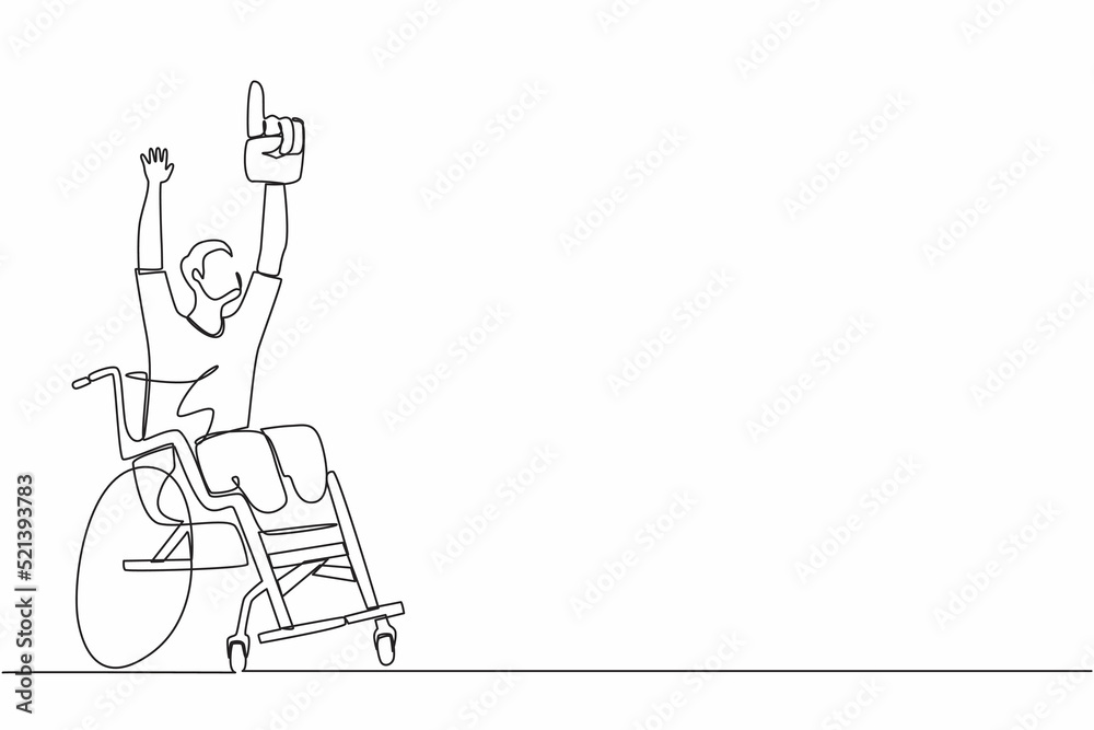 Single one line drawing happy disability young man in wheelchair celebrating winning of football team. soccer fan wheelchair user. Games championship. Continuous line design graphic vector Single one line drawing happy disability young man in wheelchair celebrating winning of football team. soccer fan wheelchair user. Games championship. Continuous line design graphic vector