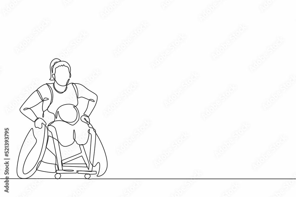 Single one line drawing disabled sportswoman play rugby on wheelchair sport competition.  rugby player in wheelchair. Athlete with physical disorder. Continuous line draw design graphic vector