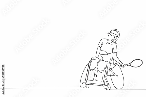 Continuous one line drawing sportswoman with wheelchair playing tennis. Concept of society, community of persons with disabilities. Hobbies, interests. Single line design vector graphic illustration