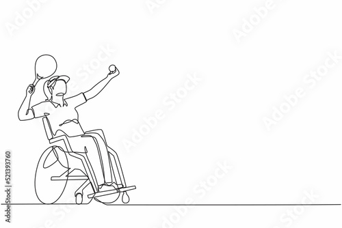 Continuous one line drawing female athlete with disability playing tennis sitting in wheelchair.  sportswoman holding racket and serve the ball. Single line graphic design vector illustration
