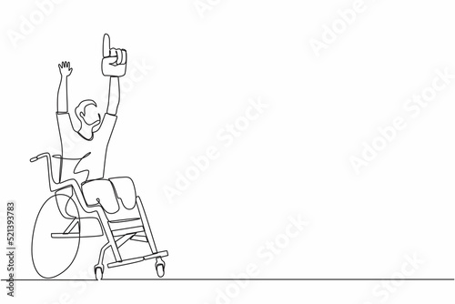 Single one line drawing happy disability young man in wheelchair celebrating winning of football team.  soccer fan wheelchair user. Games championship. Continuous line design graphic vector